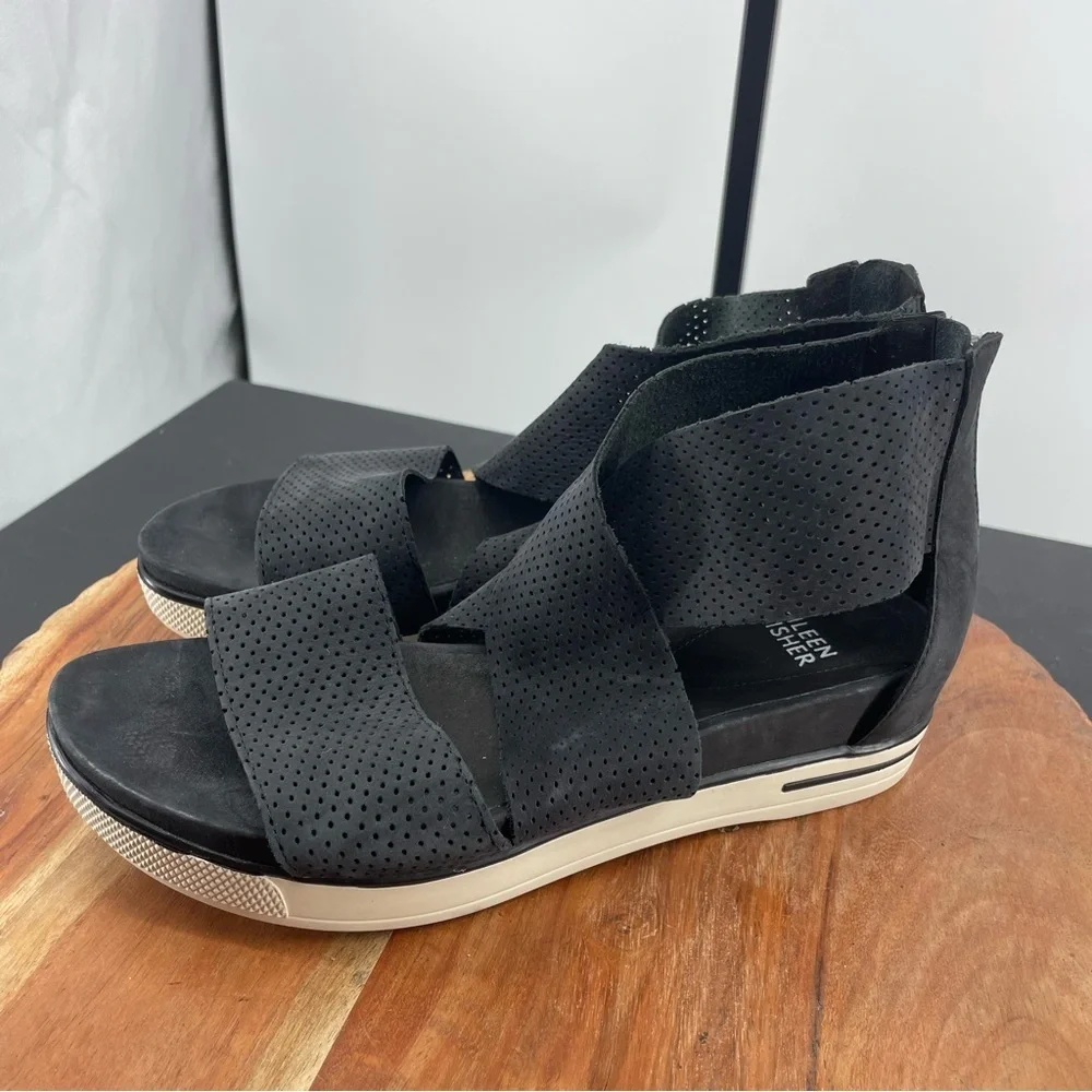 Eileen Fisher Sport Platform Perforated Sandals gray black Sz‎ 7